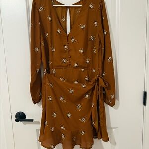 Women's Rust Floral Tie-Waist Long Sleeve Dress